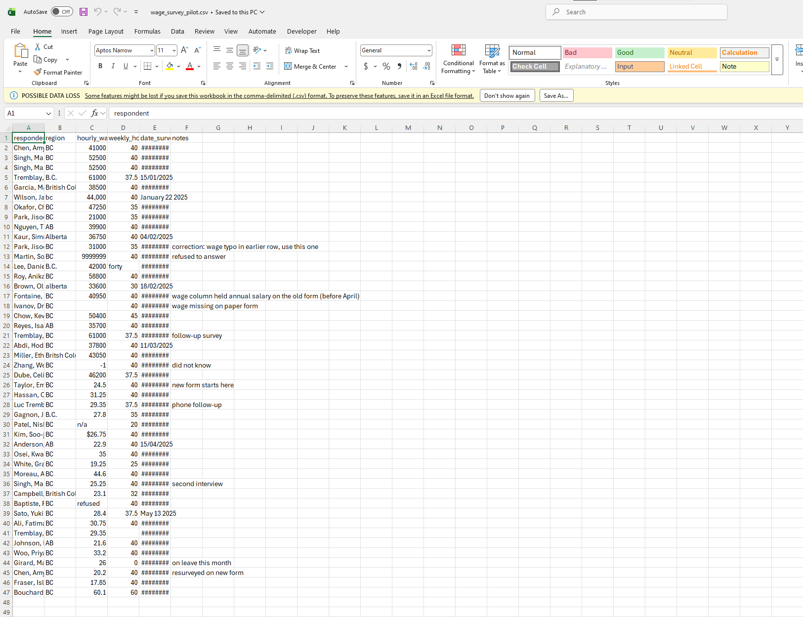The pilot file in Excel. Three people editing, and nothing stopping anyone from typing anything into it.